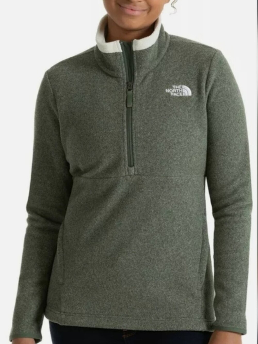 The North Face Women's Olive Green Quarter-Zip Fleece Pullover with Cream Trim